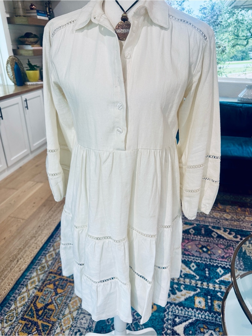 Women's Cream Button-Front Tiered Linen Dress Size 2